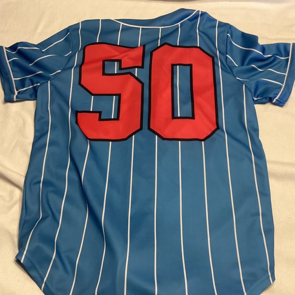 Peanuts Snoopy Baseball Jersey Blue Pinstripe Button Up Short Sleeve Small 50 - Picture 4 of 9